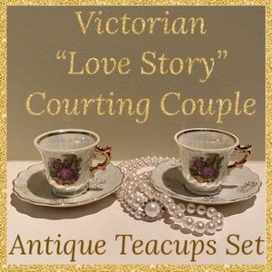 Victorian Lovers Teacups Courting Couple 1900s Japan 24K Gold Pearl Demitasse